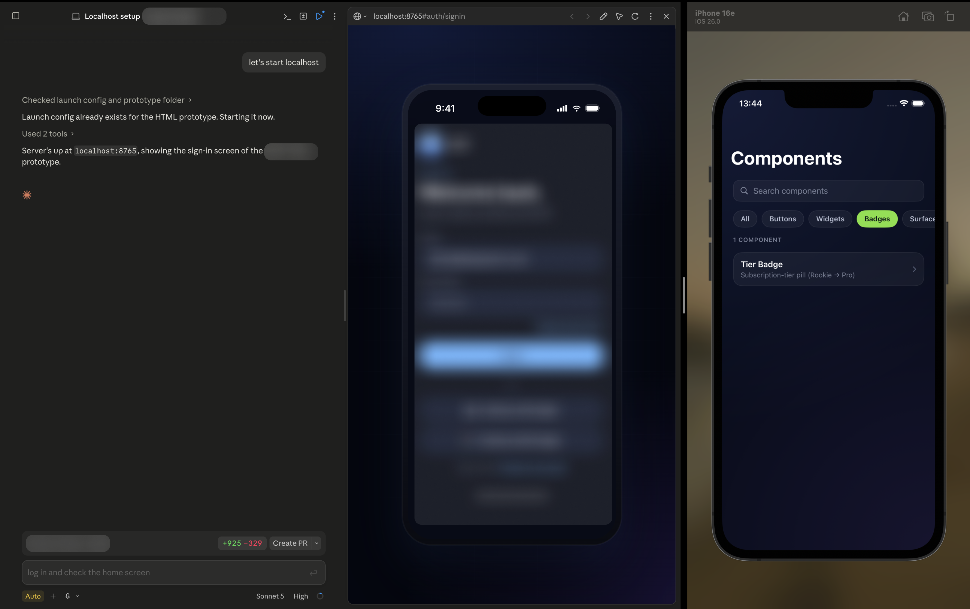 Два вікна поруч: Swift-апка з бібліотекою компонентів і HTML-прототип, над якими працює Claude Code
